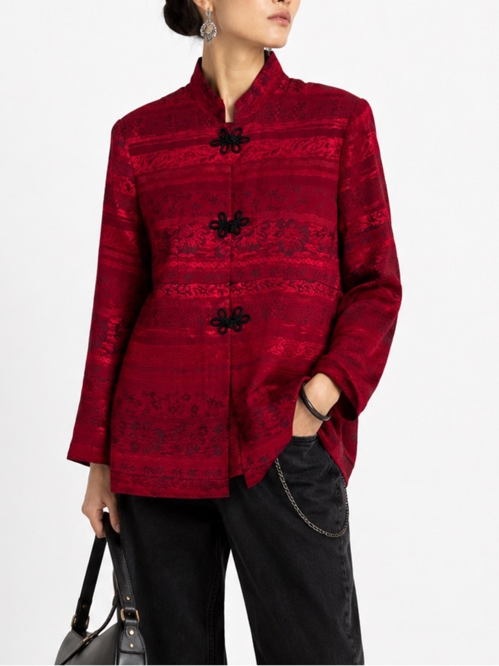 Vintage Red Jacquard Mandarin Collar Jacket Size 12 Frog Closure Statement Top